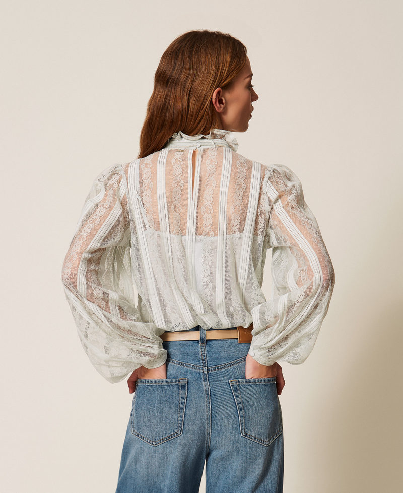 Striped lace blouse with bow Aqua Blue Woman 261TP2541_13162_03