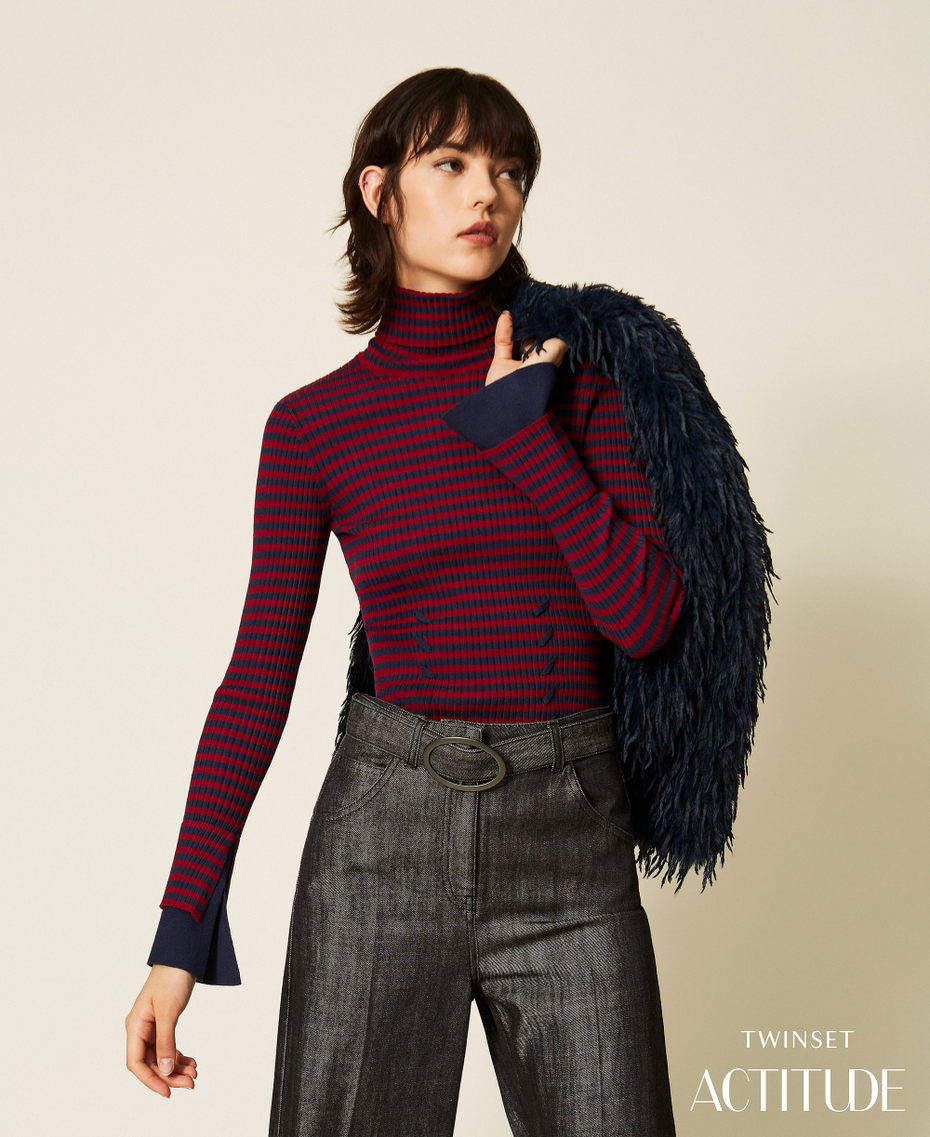 Pull col montant ray&eacute; Rayure Rouge "Rhubarbe"/Bleu Blue Paint Femme 262AP3250_13875_PA