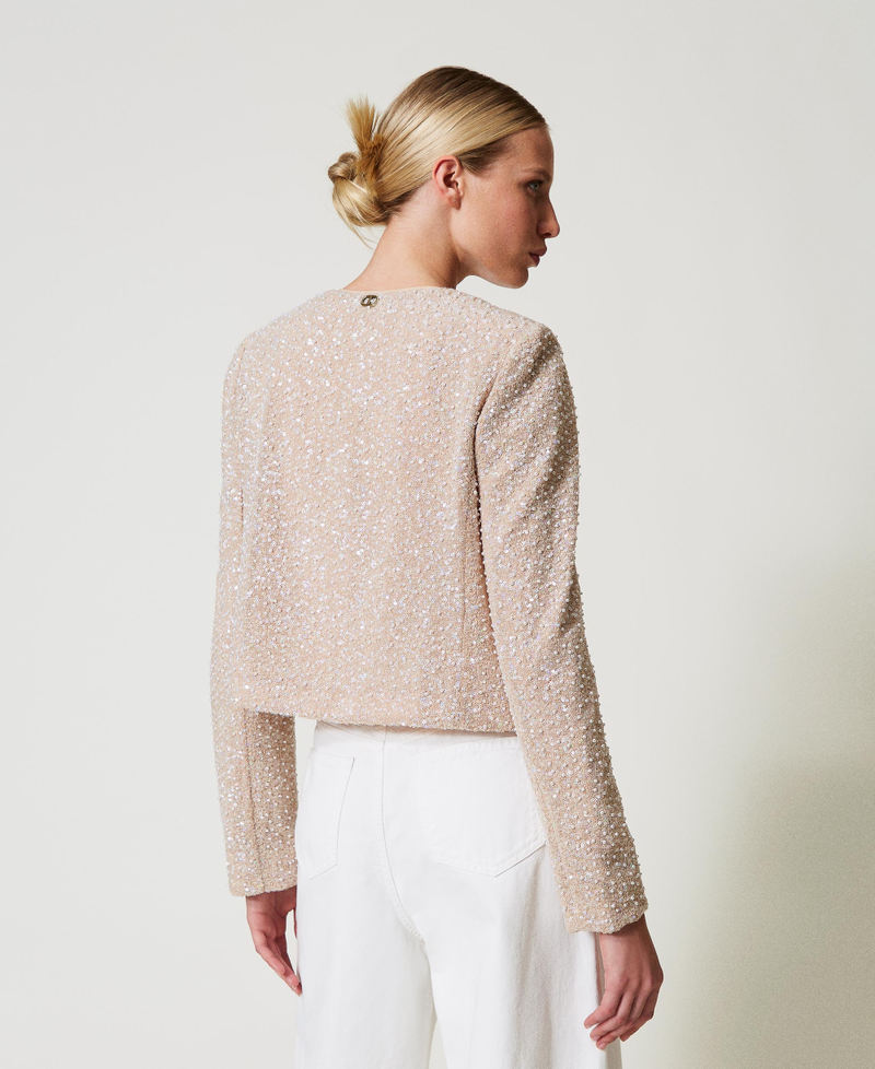 Jacket with sequins and pearls Snow/Delicate Beige Sequin & Pearl Embroidery Woman 251TP2202_12254_03