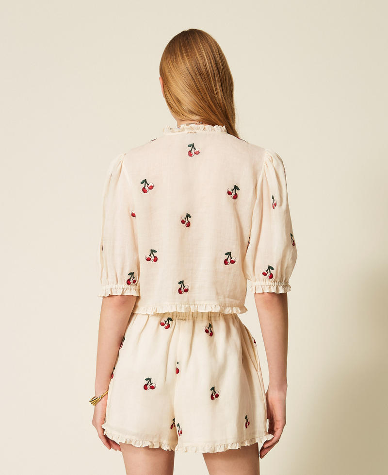 Cropped ramie shirt with cherry embroidery Parchment White/Cherry Red Embroidery Woman 261TT2420_13577_03