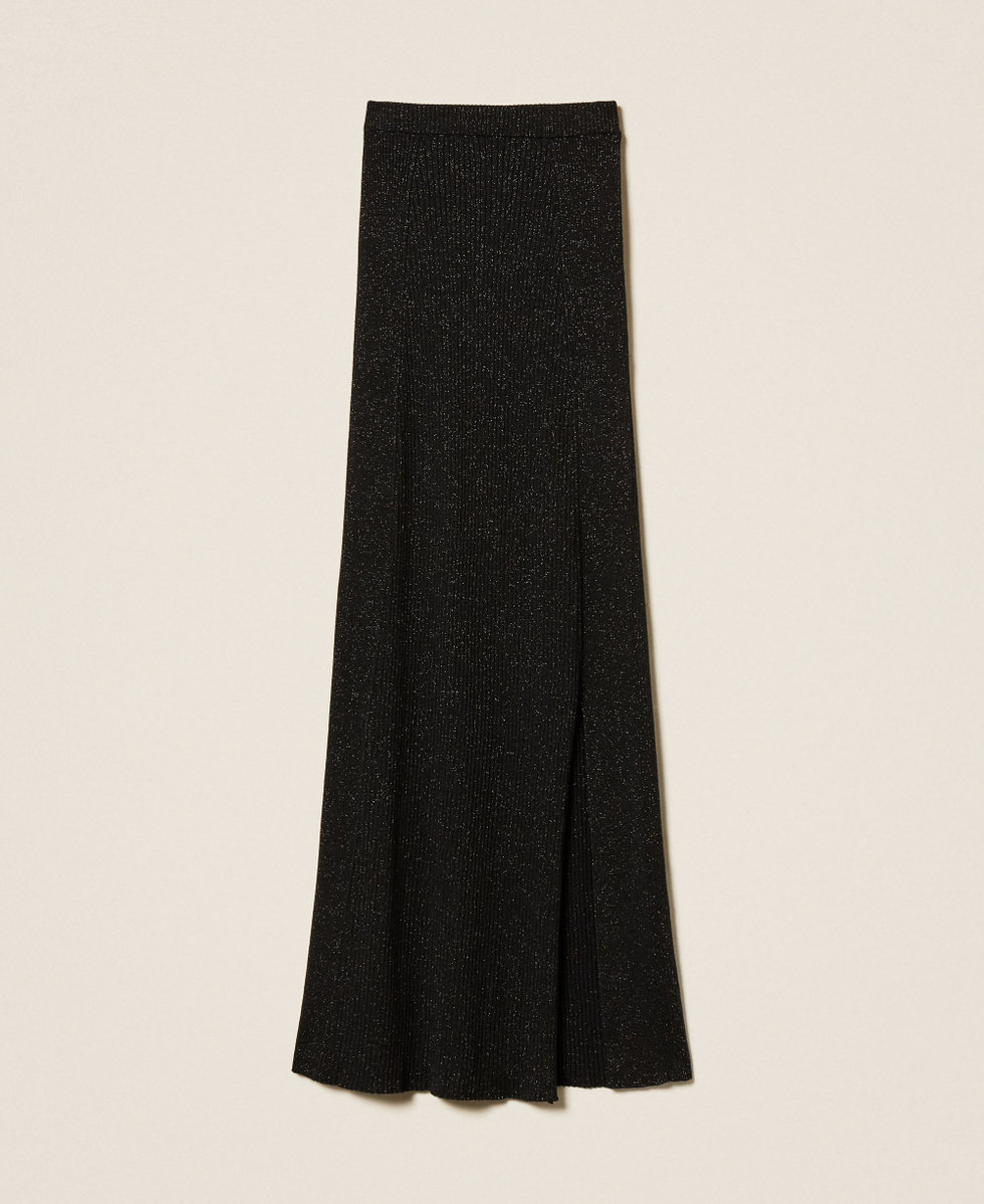 Jupe mi-longue en maille avec lurex Noir Lurex Femme 252LL3LDD_12957_S0