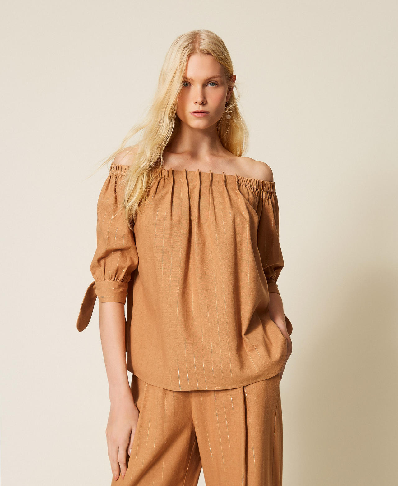Twinset Beachwear - Lurex pinstripe blouse, "Hazelnut" Brown, Striped, Size: M