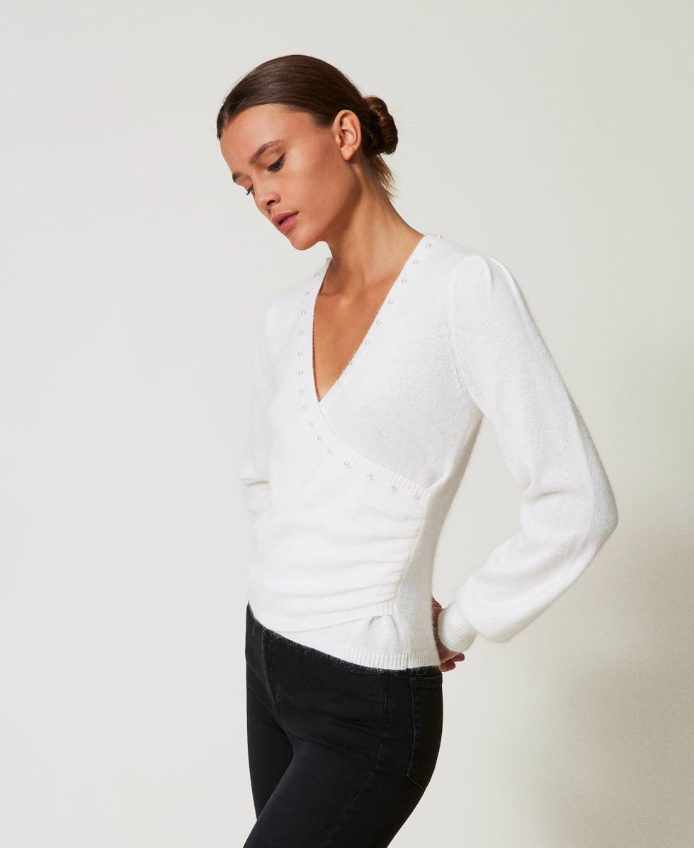 Pull en angora m&eacute;lang&eacute; avec perles Blanc Neige Femme 242TT3290_00282_01