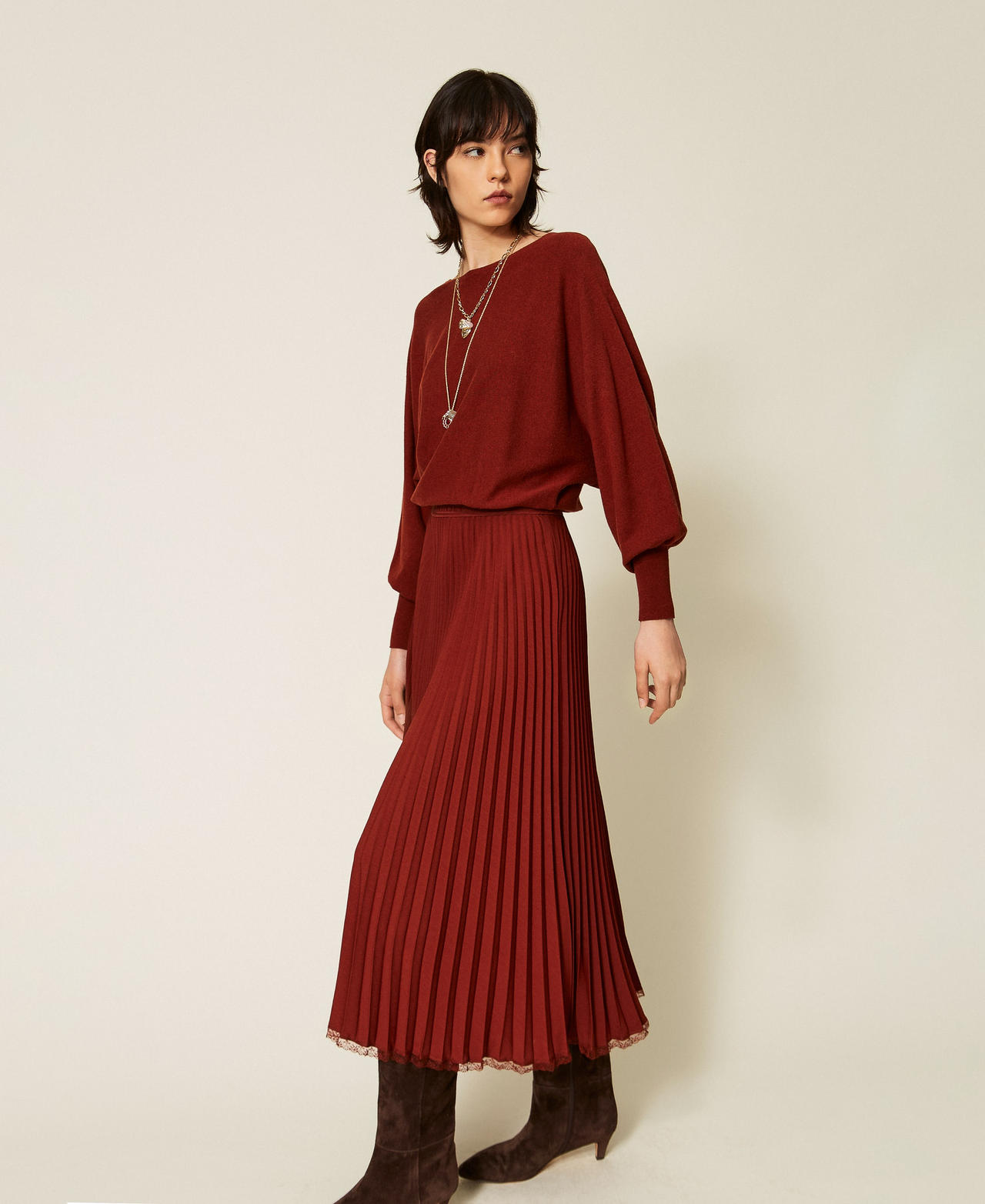 Abito lungo in maglia e cr&ecirc;pe pliss&eacute; Marrone "Cherry Wood" Donna 262TP3250_06501_03