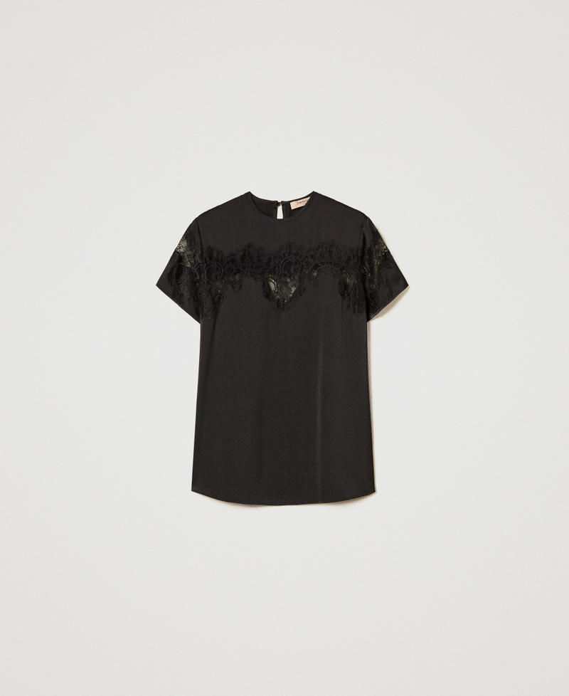 T-shirt in raso con pizzo Nero Donna 251TQ2013_00006_S0