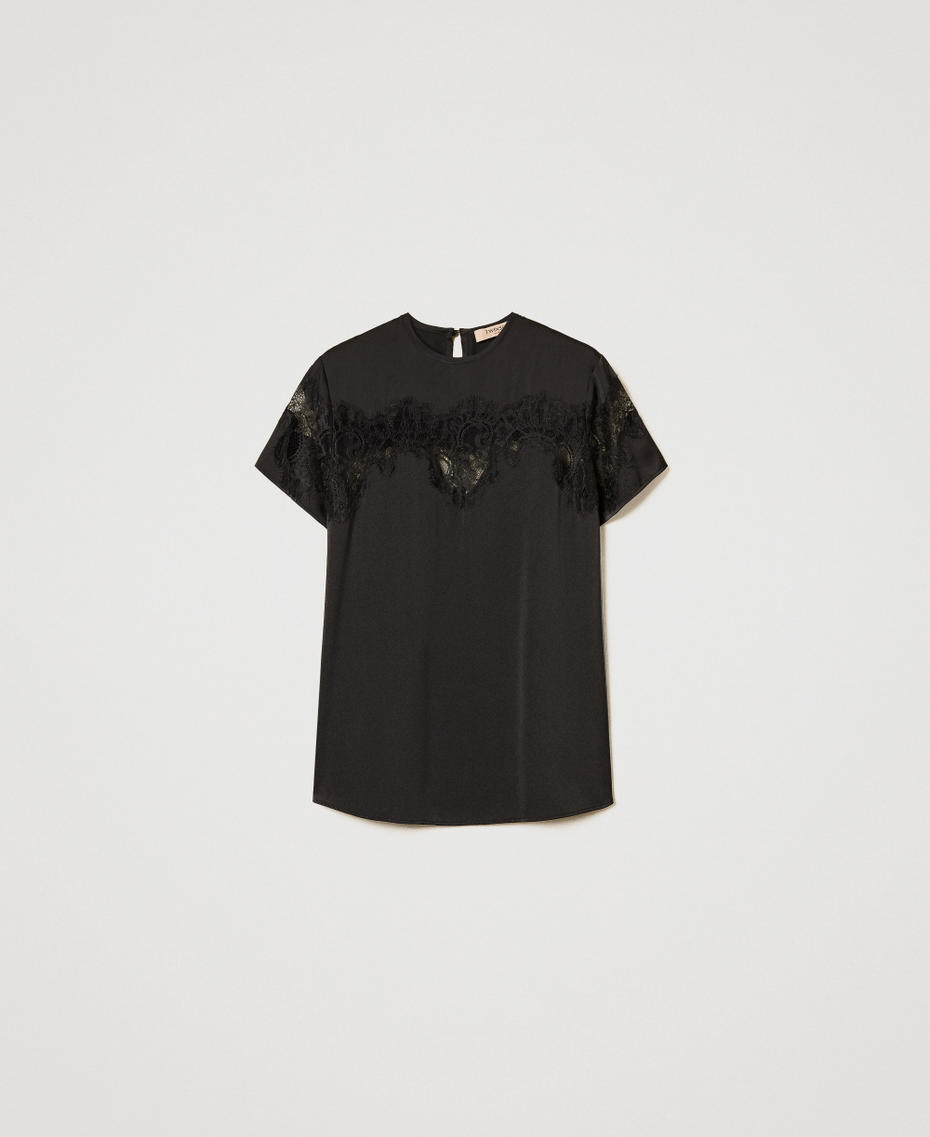 T-shirt in raso con pizzo Nero Donna 251TQ2013_00006_S0