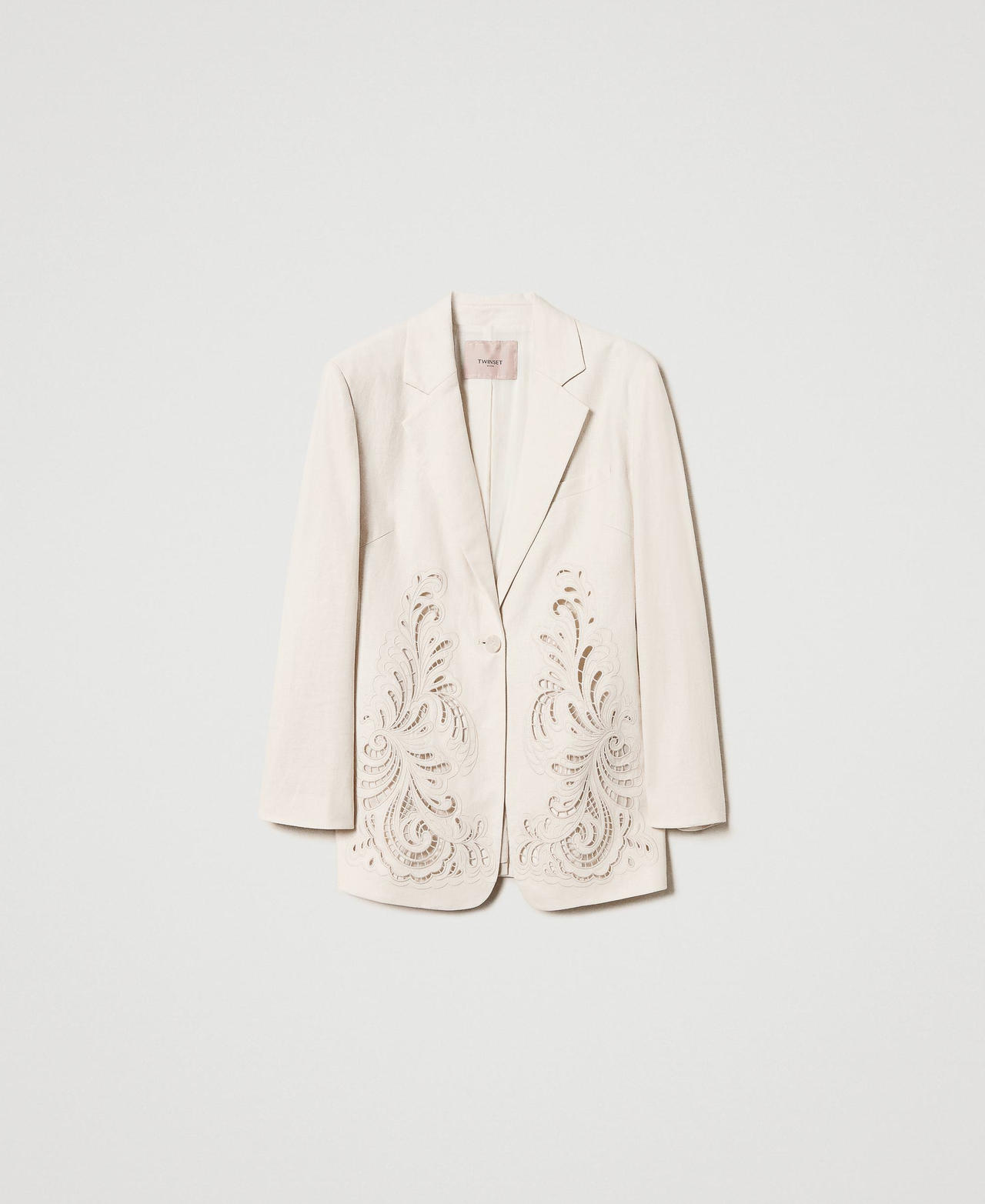 Linen blend jacket with embroidery Mother Of Pearl Woman 251TP2160_00059_0S