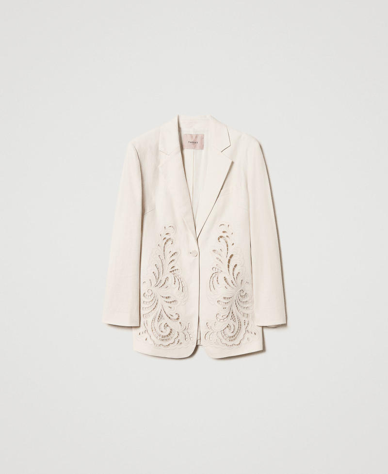 Linen blend jacket with embroidery Mother Of Pearl Woman 251TP2160_00059_0S