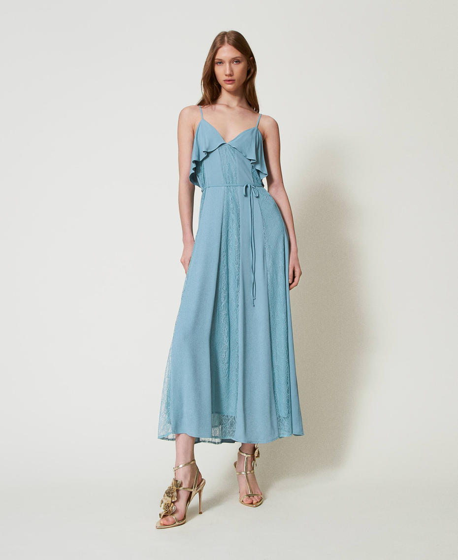 Long cr&ecirc;pe and Chantilly lace dress with ruffles Dusty Blue Woman 251TP2412_00485_01