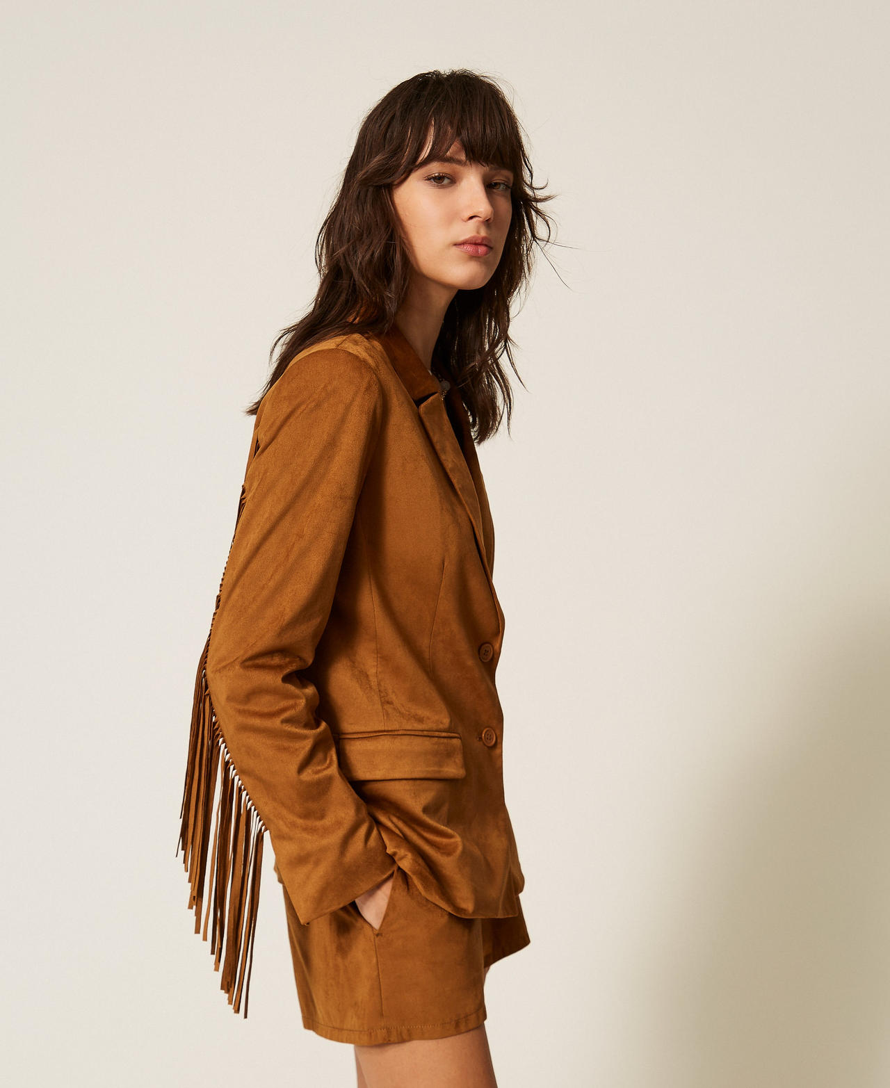 Suede blazer with fringes Rubber Brown Woman 261AP2331_10065_02