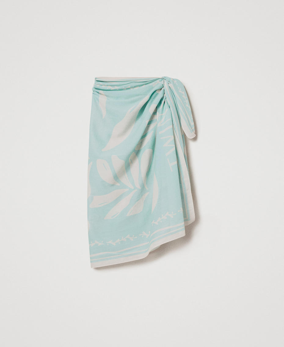 Sarong with palm print Green Marine/Almond Beige Foulard Print Woman 251LM5BEE_12382_S0