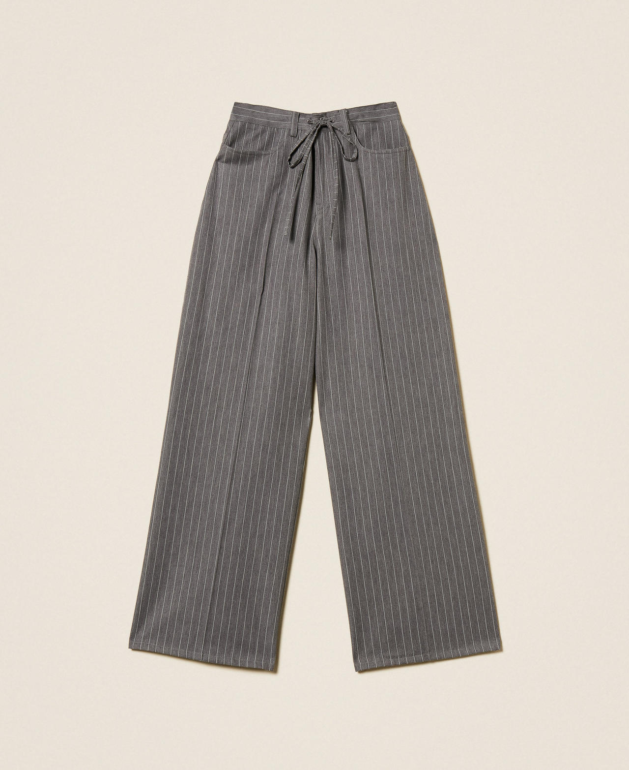 Pantalon ray&eacute; en laine m&eacute;lang&eacute;e Pinstripe Gris Chin&eacute;/Blanc &laquo;&nbsp;Neige&nbsp;&raquo; Femme 252TT2440_13038_S0