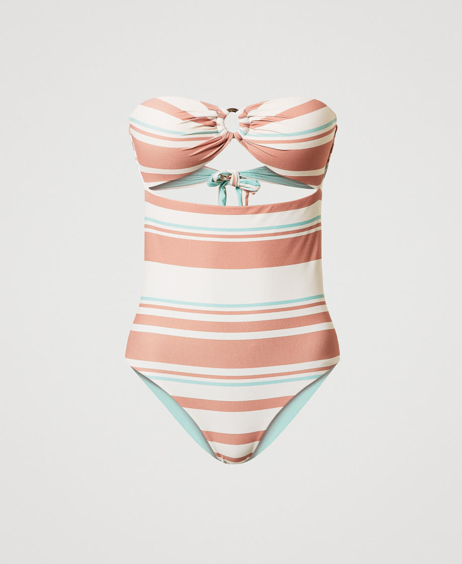 Striped one-piece swimsuit with logo Almond Beige/Green Marine/Amber Brown Stripes Woman 251LMMR00_12377_S0