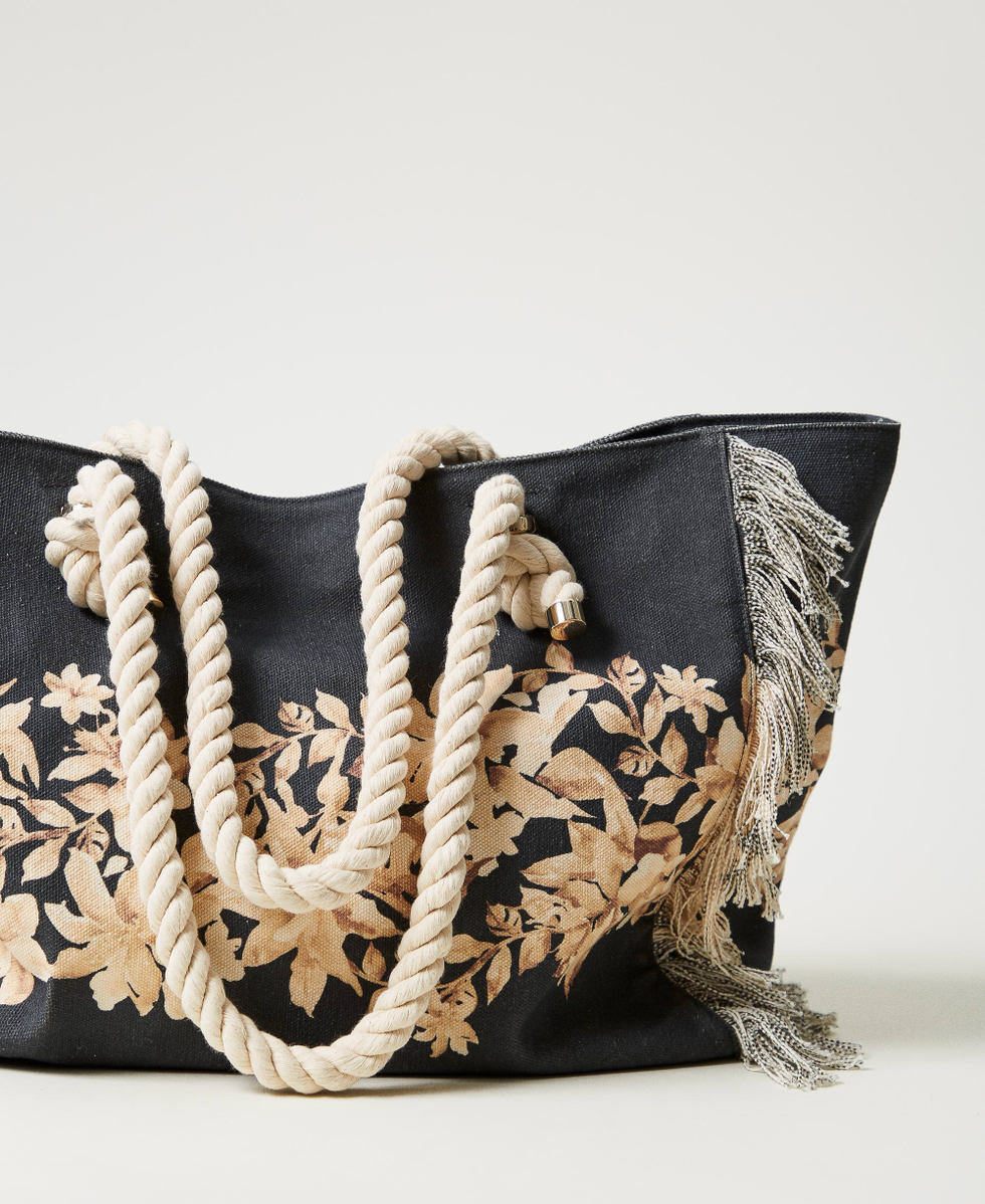 Cabas en toile imprim&eacute;e Imprim&eacute; Fleurs Noir/Natural Beige Femme 251LB7AAA_12195_03