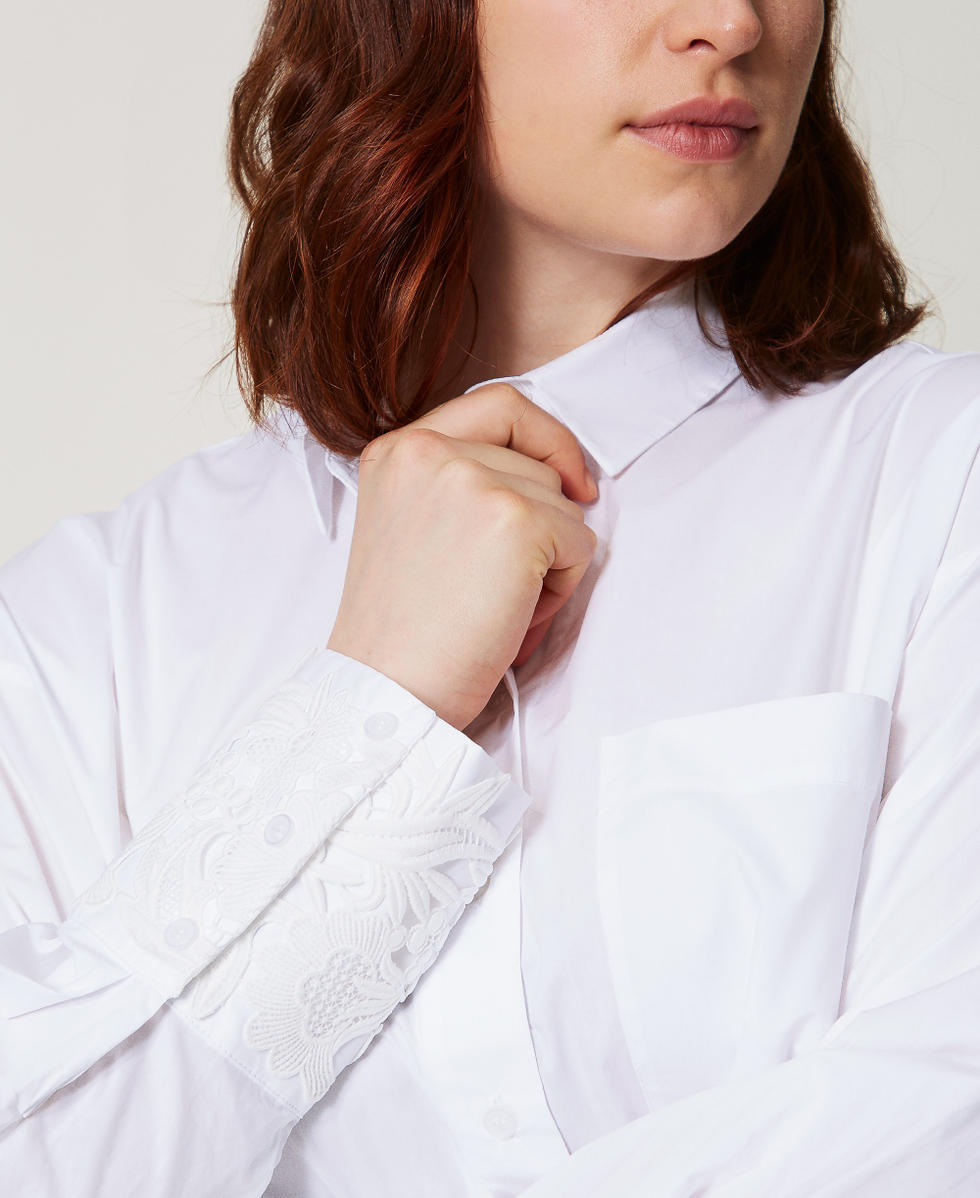 Chemise oversize en popeline avec dentelle Blanc Femme 251TP2280_00001_04