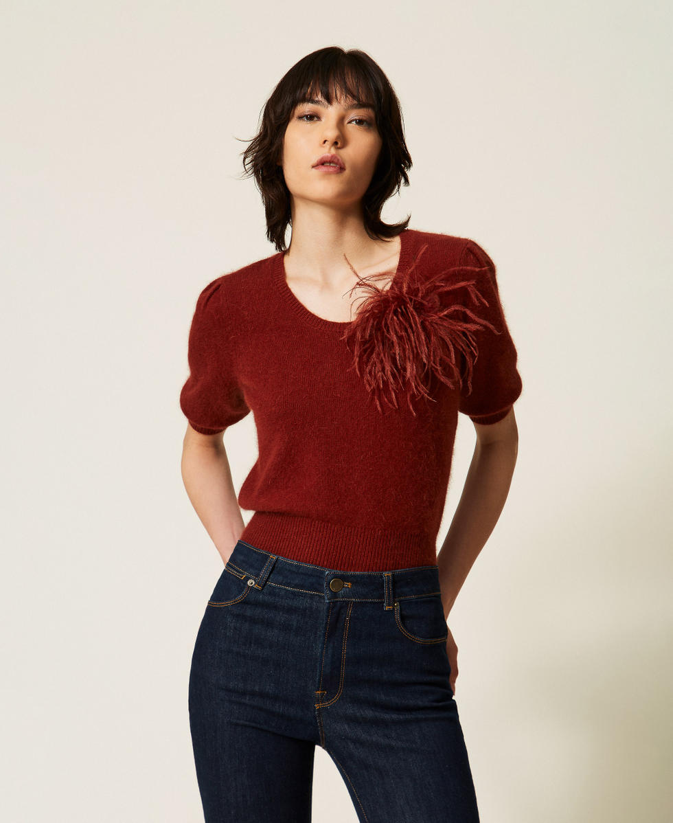 Pullover aus Angorawollmischung mit Schmuckbrosche "Cherry Wood-Braun" Frau 262TP3260_06501_01