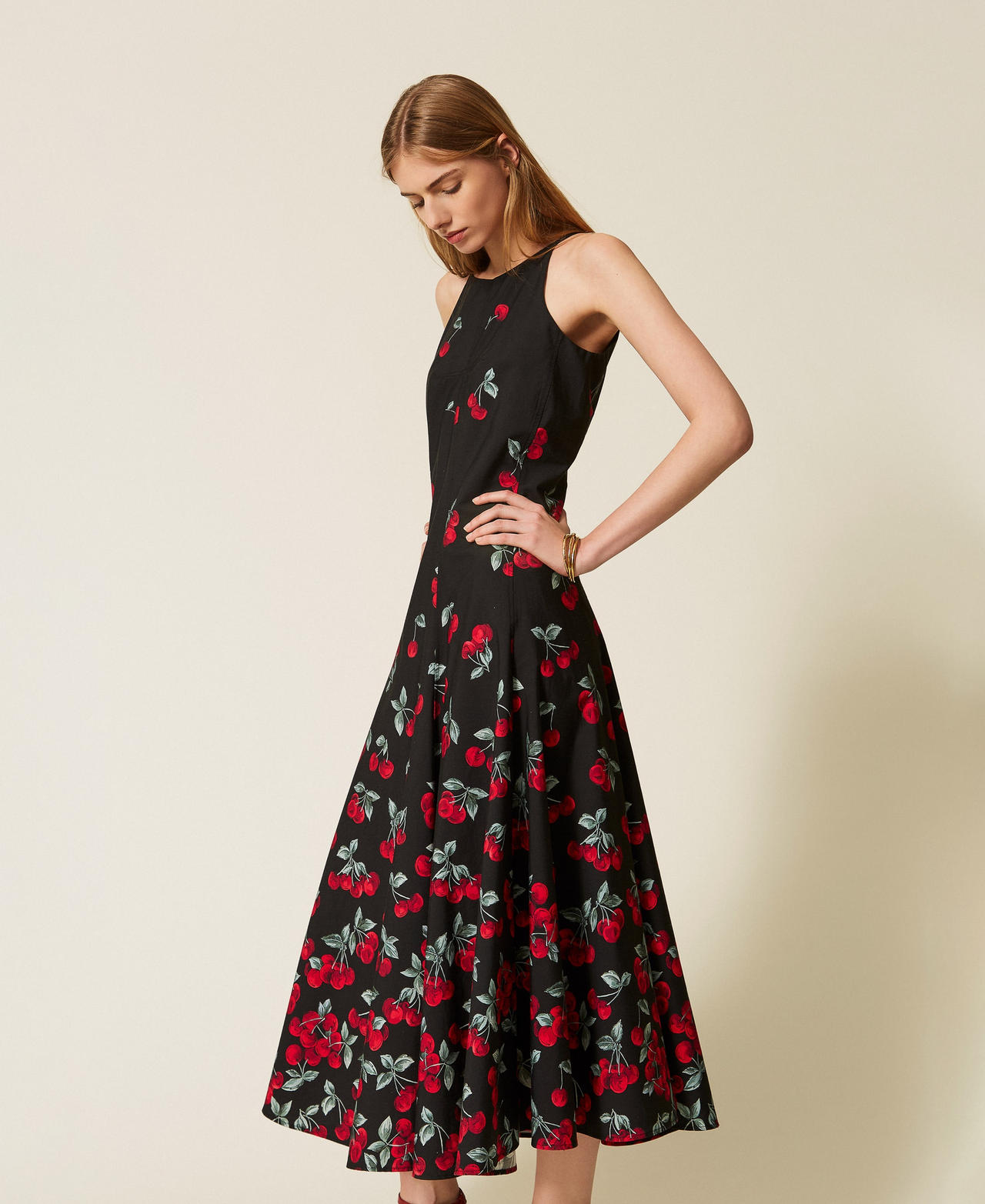 Long poplin dress with cherry print Black/Red Cherries Degrad&egrave; Woman 261TT2591_13502_02