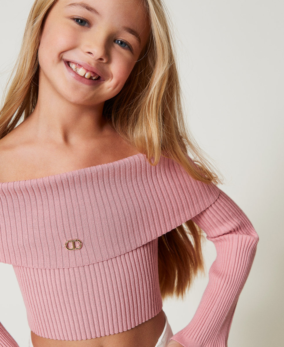 Off-shoulder rib jumper with Oval T