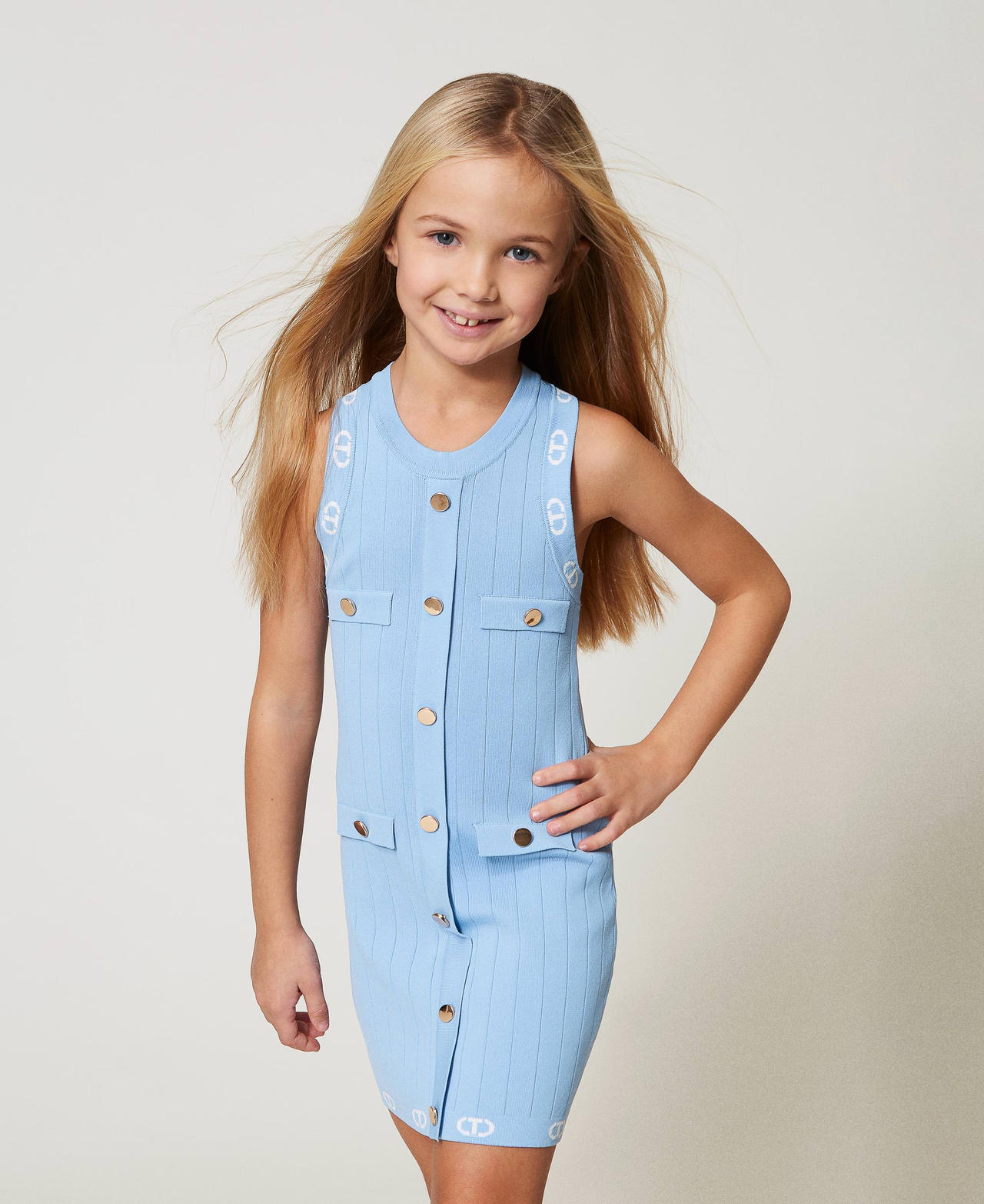 Robe ajust&eacute;e en maille avec Oval T Bicolor Paper Blue/Ice Fille 251GJ3QW5_12297_01