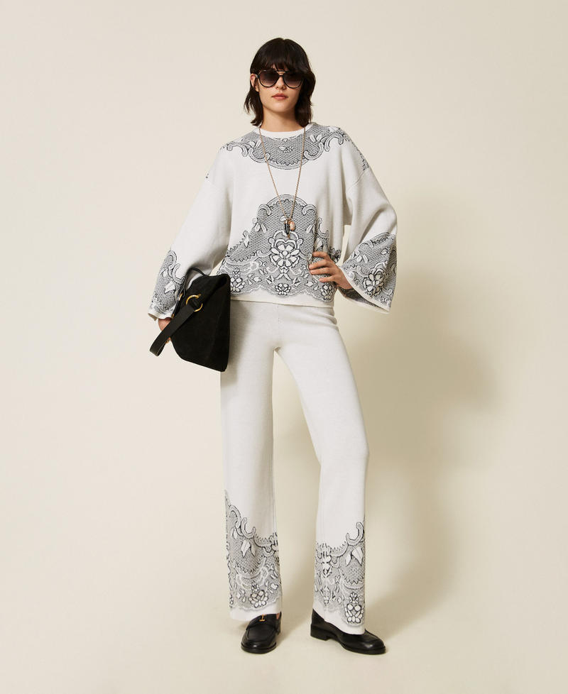 Jacquard wool blend knit trousers Mother of pearl/Black Jacquard Woman 262TP3523_13955_T0