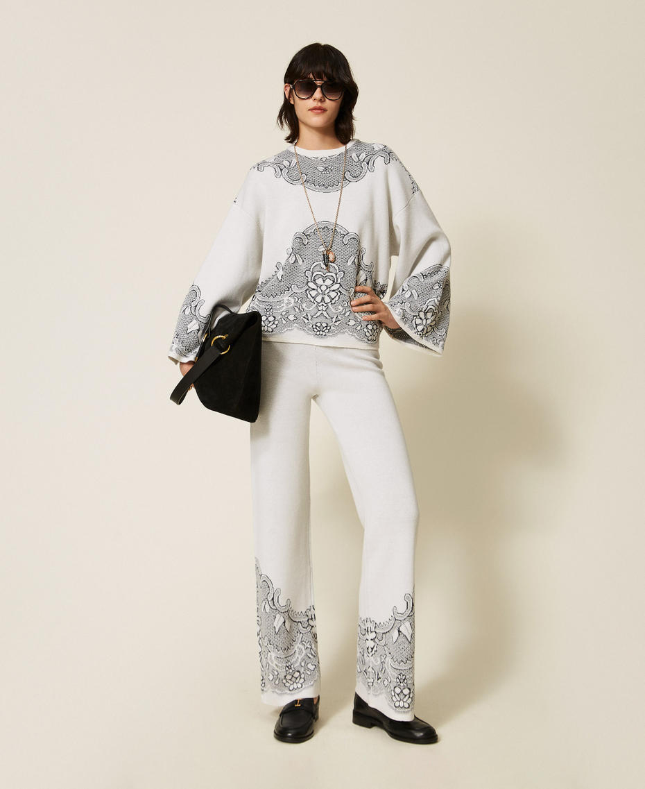 Jacquard wool blend knit trousers Mother of pearl/Black Jacquard Woman 262TP3523_13955_T0