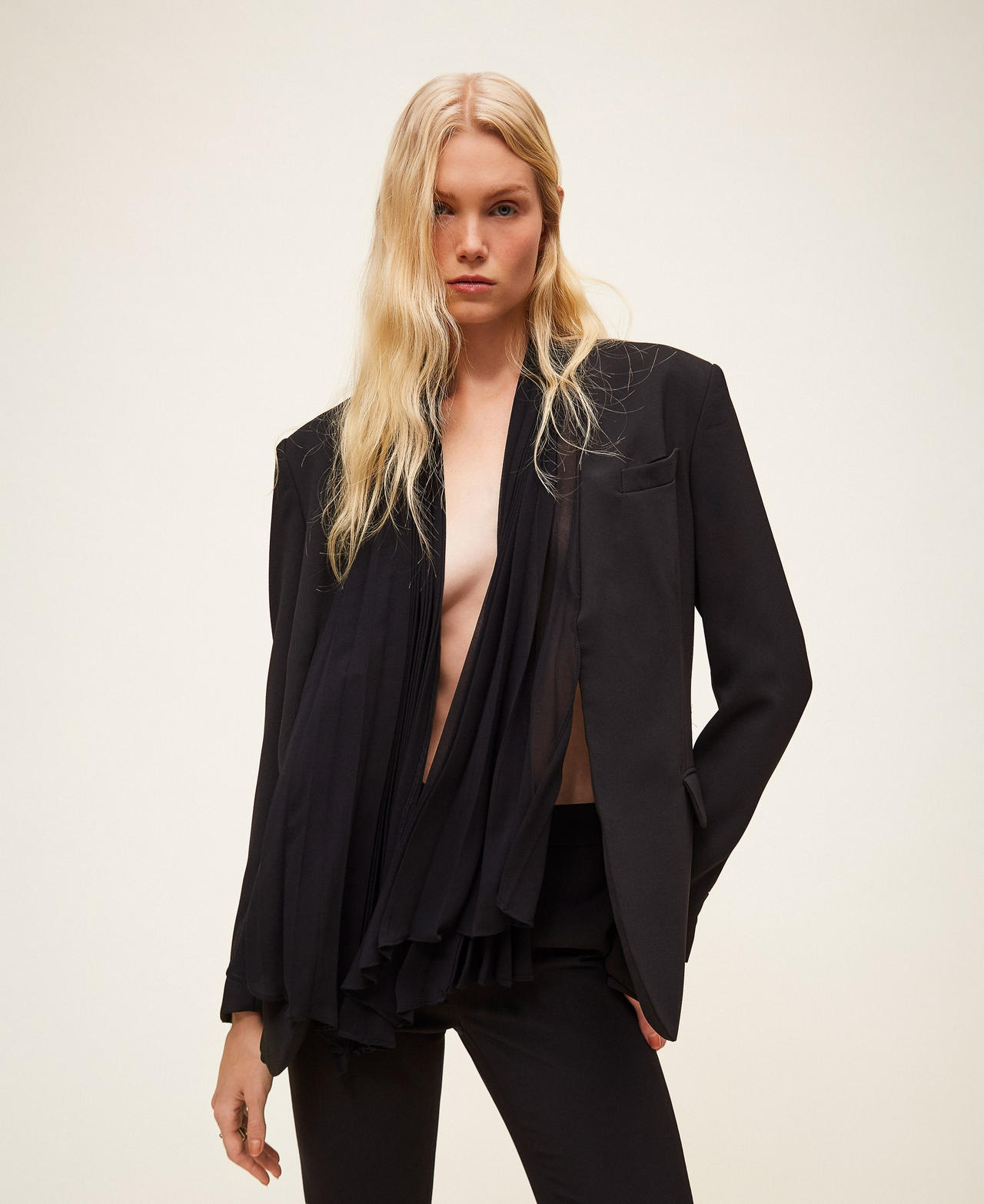 Crêpe jacket with pleated sash Woman, Black | TWINSET Milano