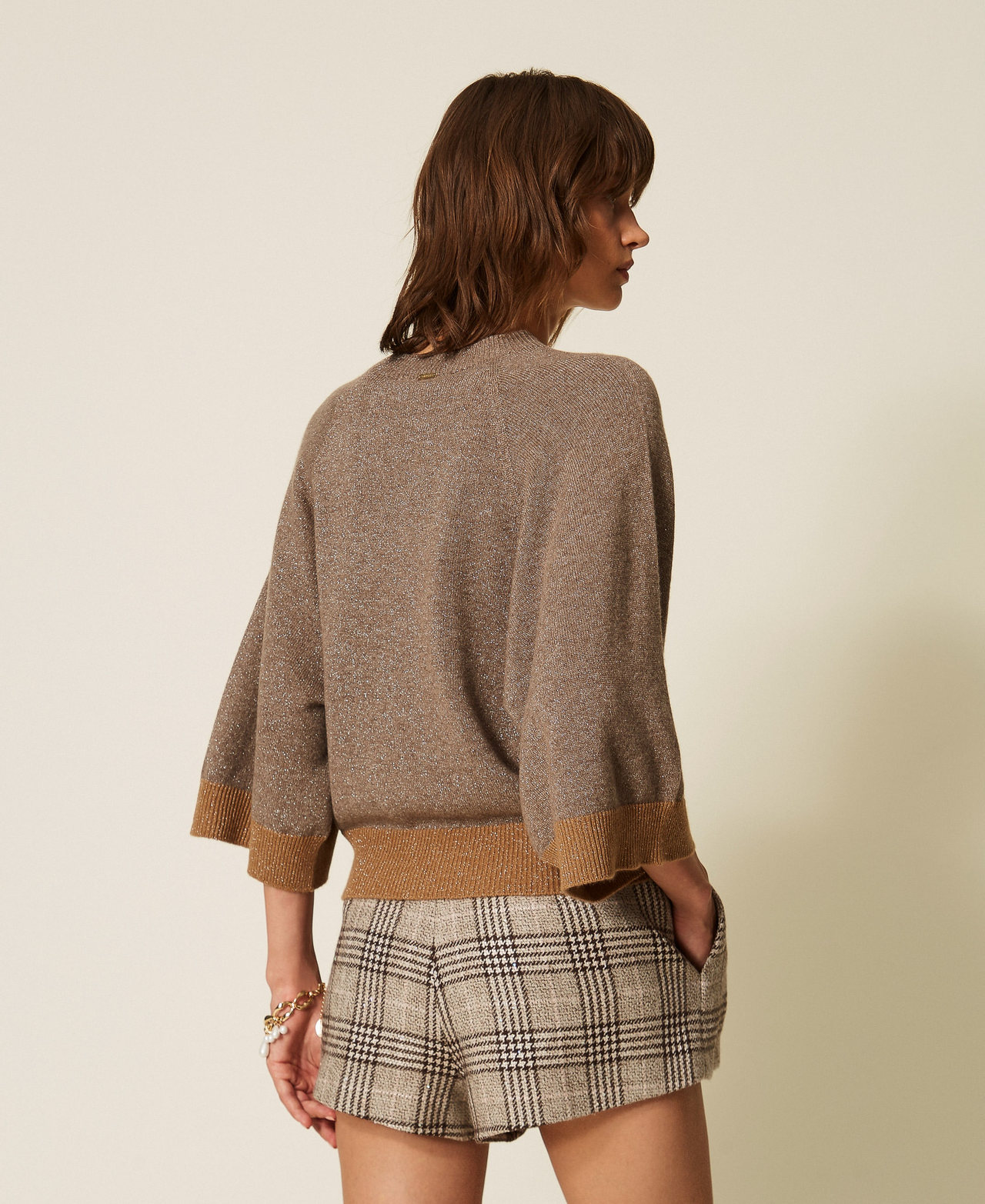 Cropped wool and cashmere jumper with lurex Silver Taupe/"Tobacco Brown" Woman 262TP3511_13933_03