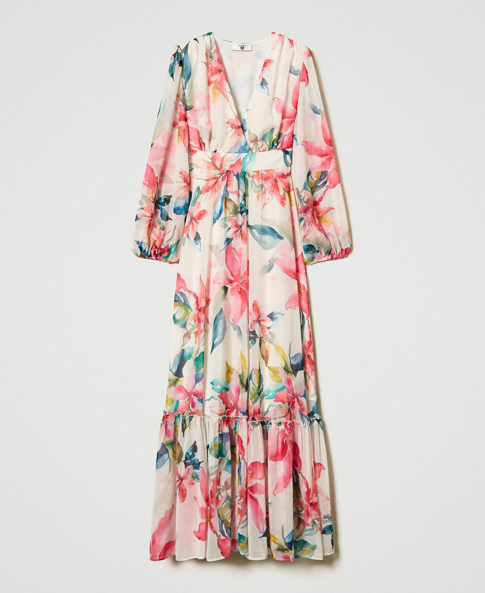 Robe longue en cr&ecirc;pe georgette imprim&eacute; floral Imprim&eacute; Fleurs Nacre/Multicolore Femme 251LB2ZHH_12194_S0