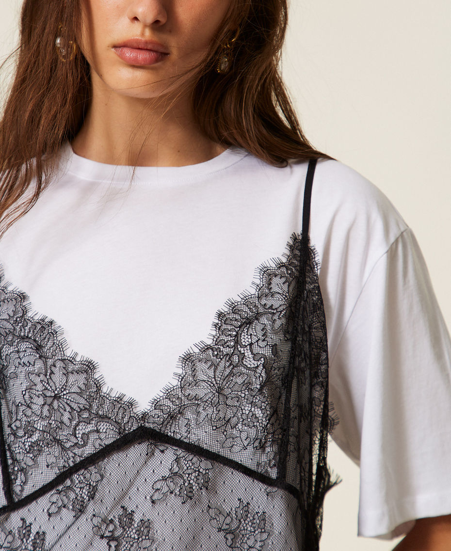 Crew neck T-shirt and lace top Two-tone &ldquo;Lucent White&rdquo; / Black Woman 262TT2553_11341_PD