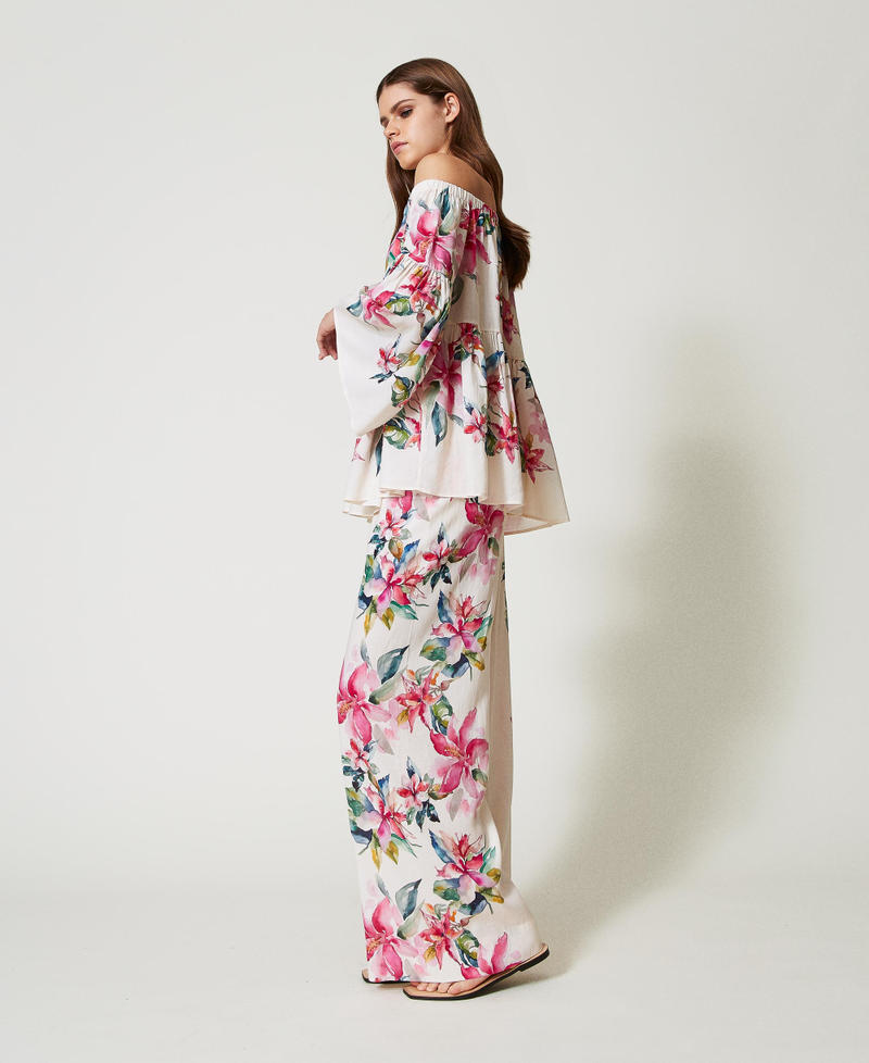 Linen blend trousers with floral print Mother of pearl/Multicolour Stripe Print Woman 251LB2UCC_12198_02