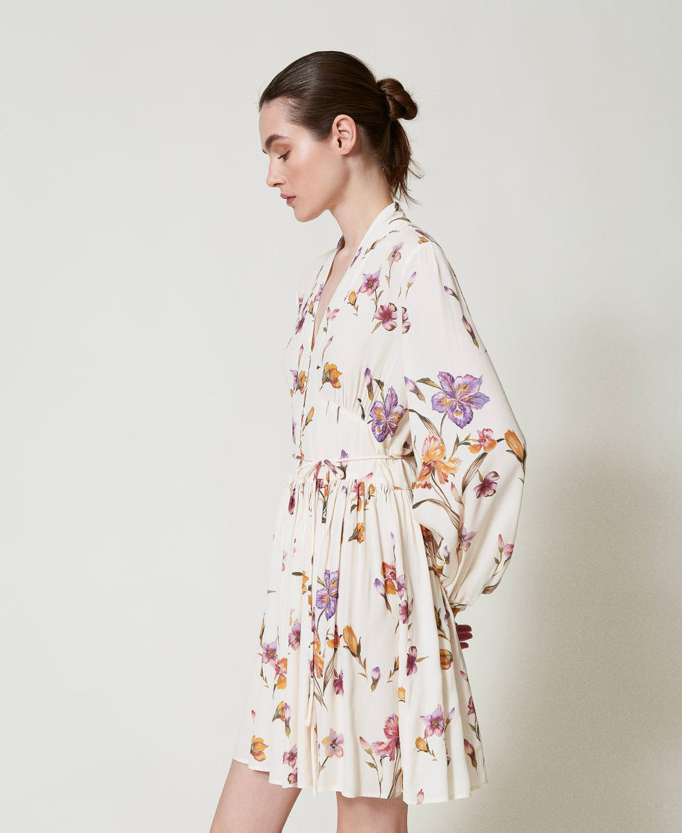 Short cr&ecirc;pe de Chine floral dress Multicolour/Mother of Pearl Iris Print Woman 251TP2773_12329_02