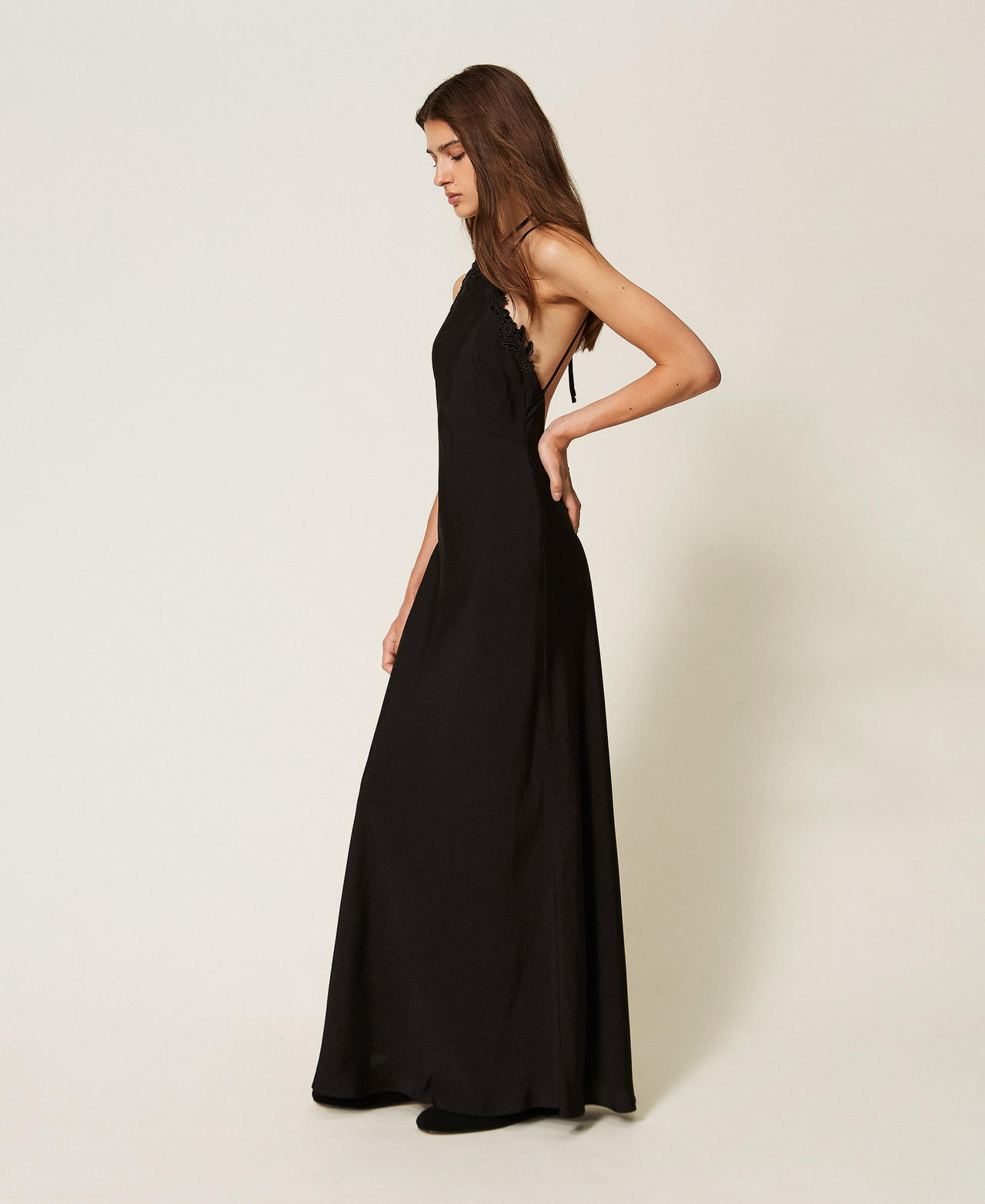 Abito lungo in raso con ricamo Nero Donna 262TT2450_00006_02