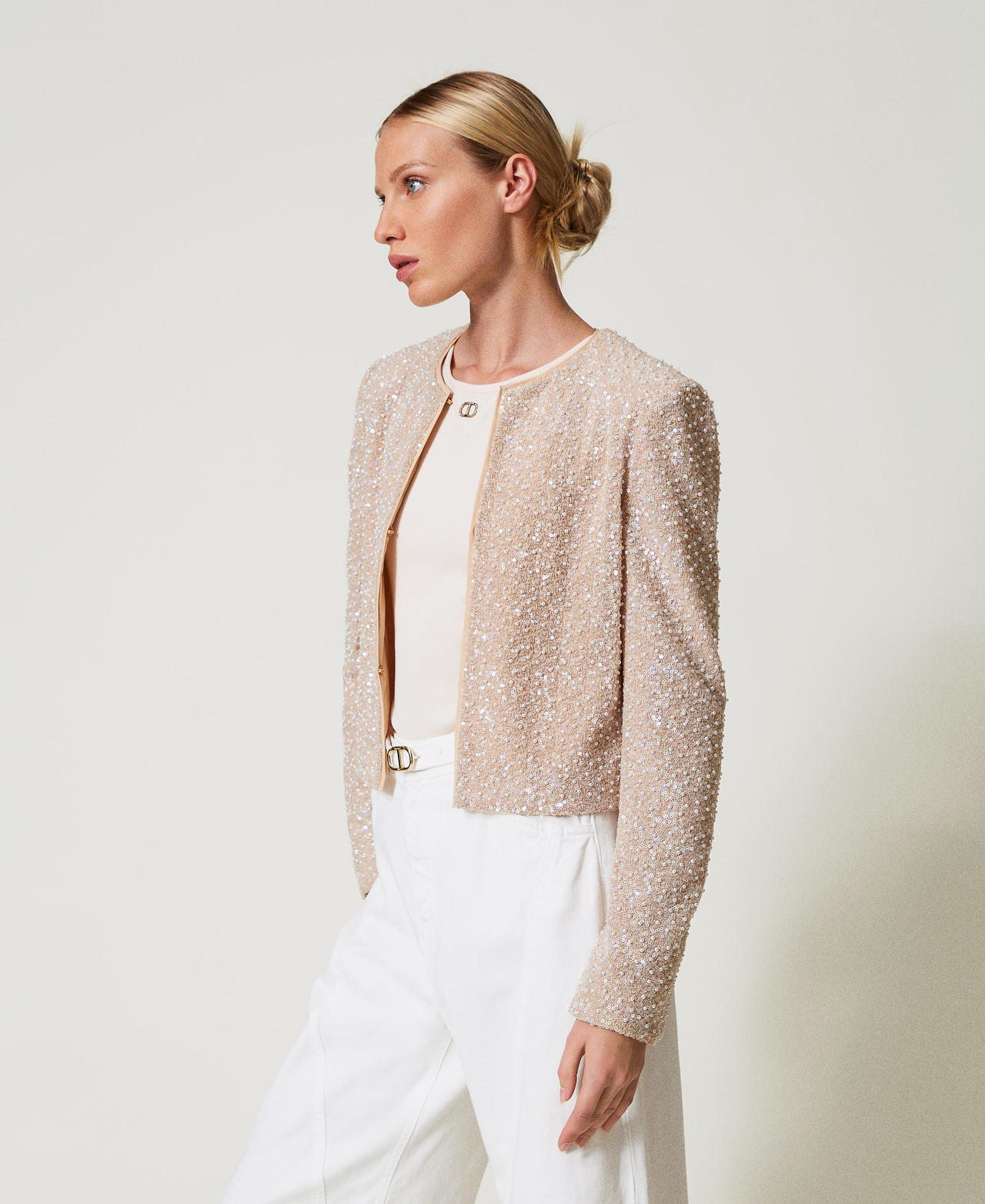 Jacket with sequins and pearls Snow/Delicate Beige Sequin & Pearl Embroidery Woman 251TP2202_12254_02