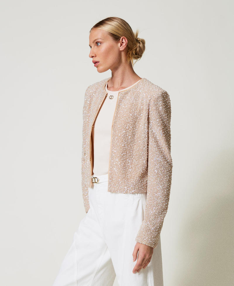 Jacket with sequins and pearls Snow/Delicate Beige Sequin & Pearl Embroidery Woman 251TP2202_12254_02