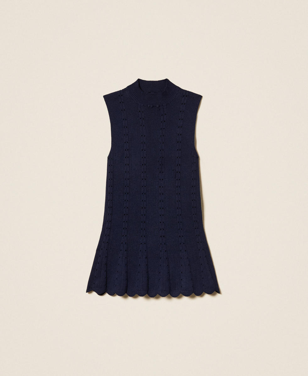 Top col montant en maille avec feston Bleu Nuit Femme 261TP3052_13172_S0