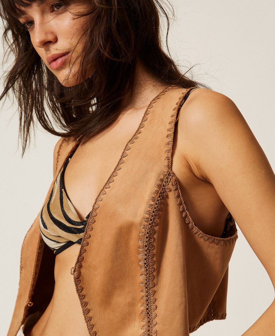 Suede waistcoat with embroidery "Hazelnut&rdquo; Brown Woman 261LB2MAA_10282_04