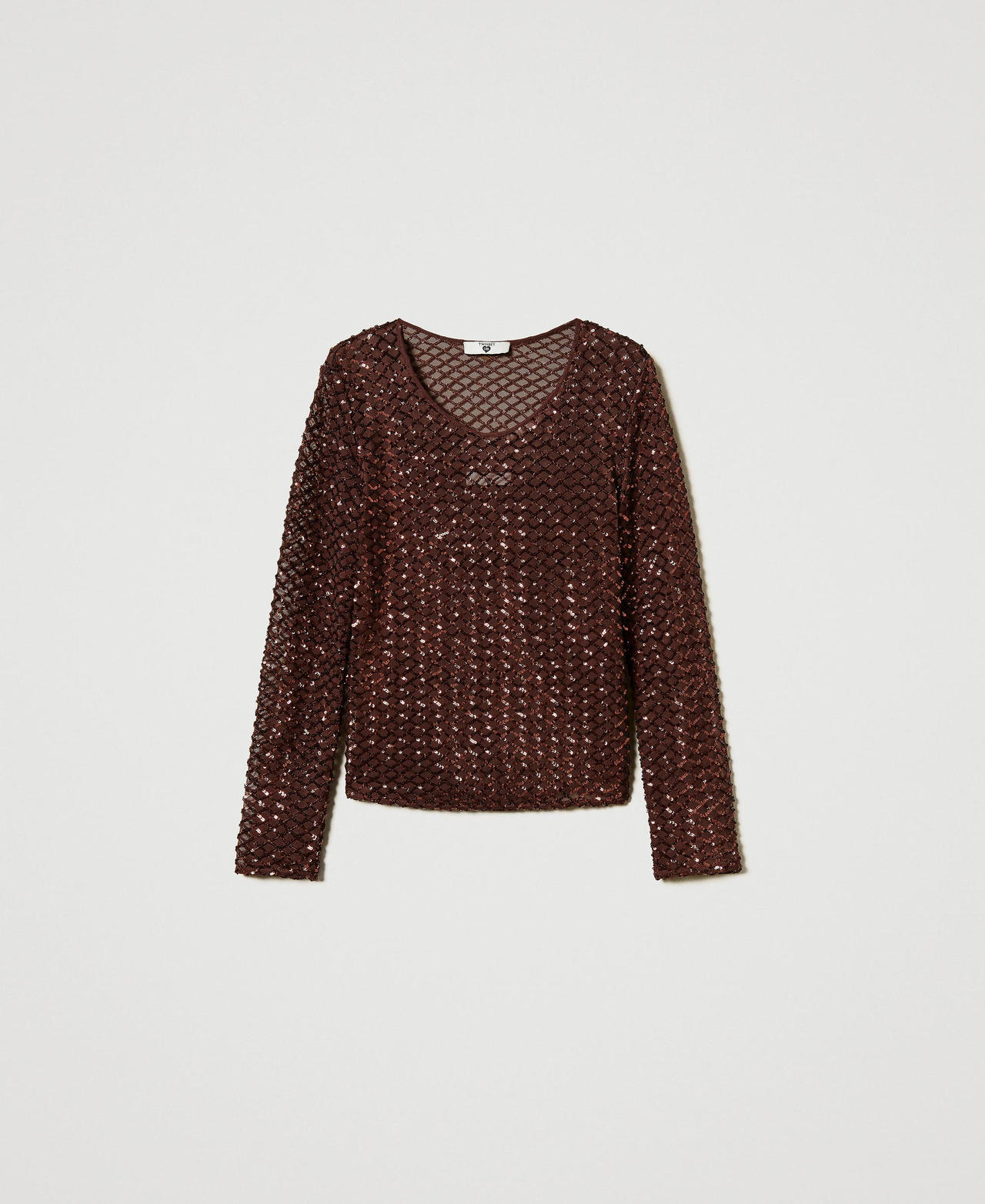 Tulle blouse with sequins Brown Stone Woman 251LB2QAA_12133_0S