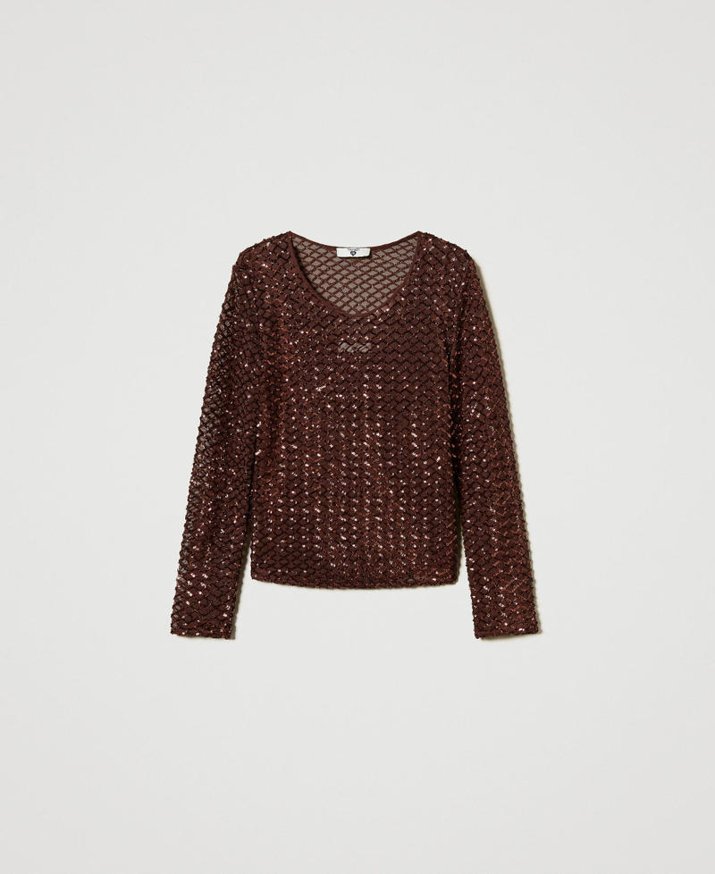 Tulle blouse with sequins Brown Stone Woman 251LB2QAA_12133_0S