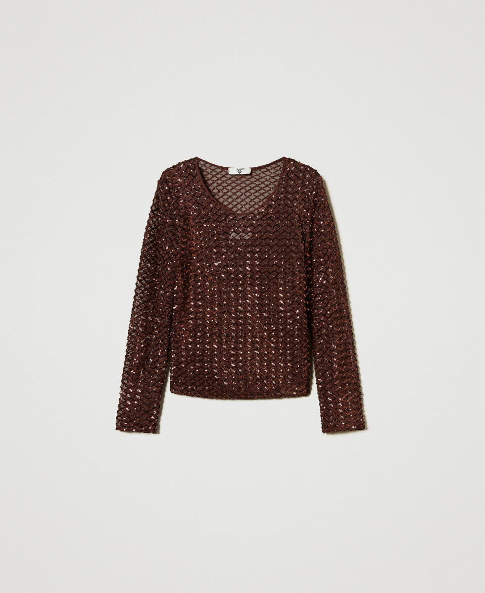 Blouse en tulle avec sequins Brown Stone Femme 251LB2QAA_12133_S0