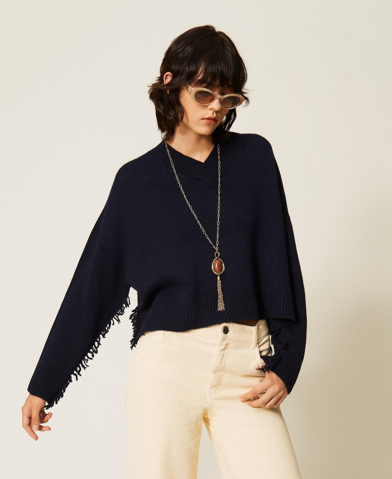 Pull en laine mélangée avec franges