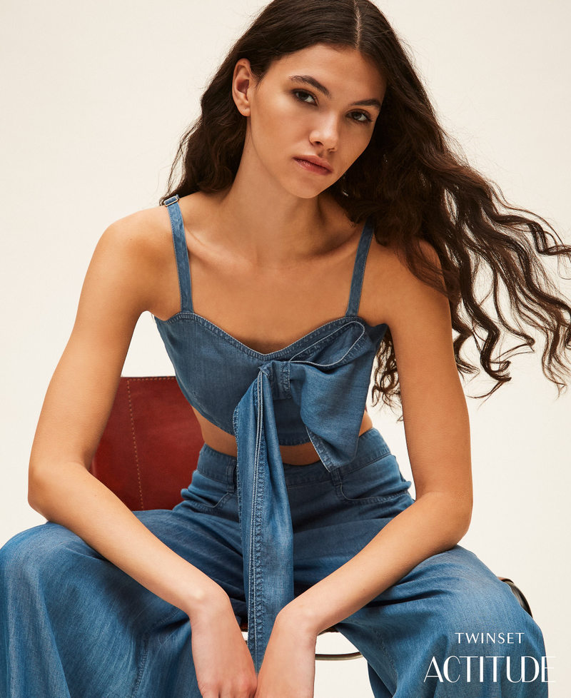 Denim top with bow Light Blue Denim Woman 261AT2050_07283_PA