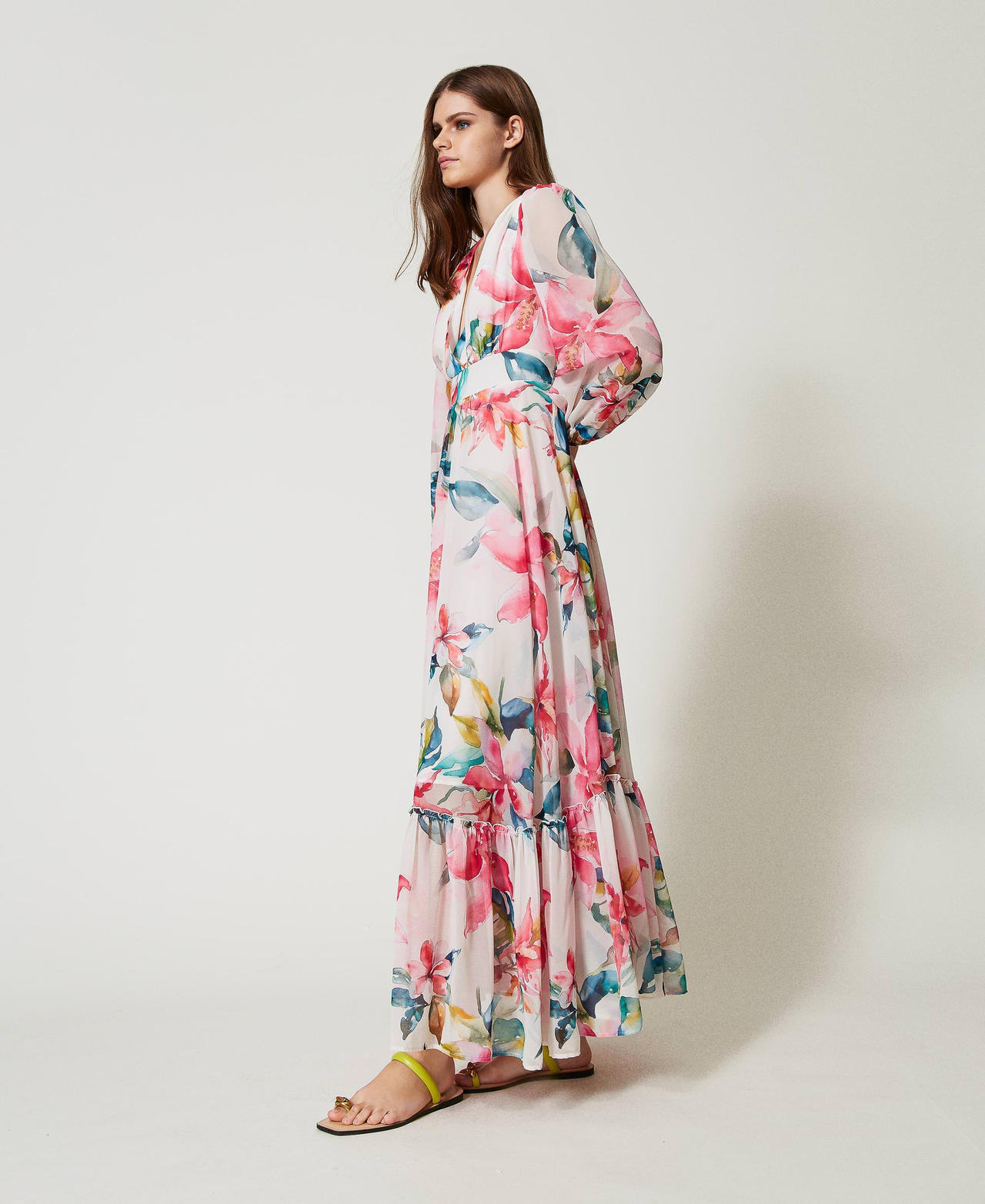 Long georgette dress with floral print Mother of Pearl/Multicolour Floral Print Woman 251LB2ZHH_12194_02