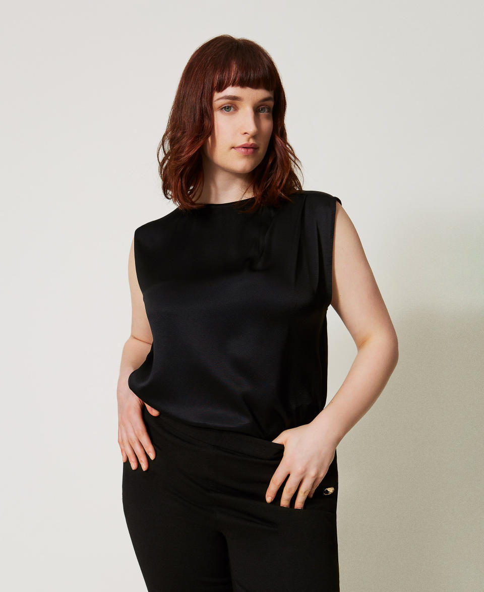 Shiny satin top with pleats Black Woman 251TP2652_00006_01