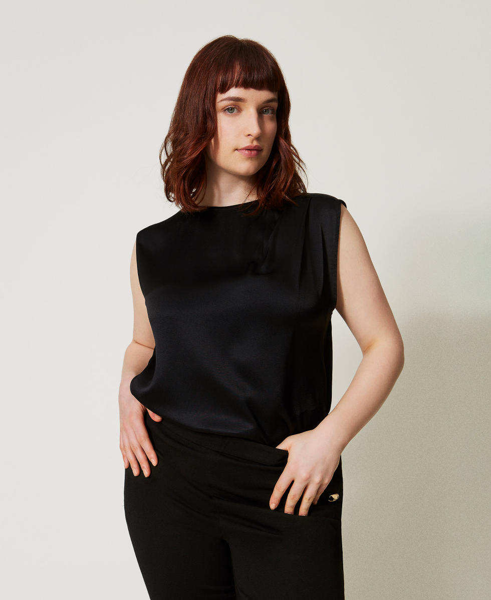 Top in raso lucido con pieghe Nero Donna 251TP2652_00006_01