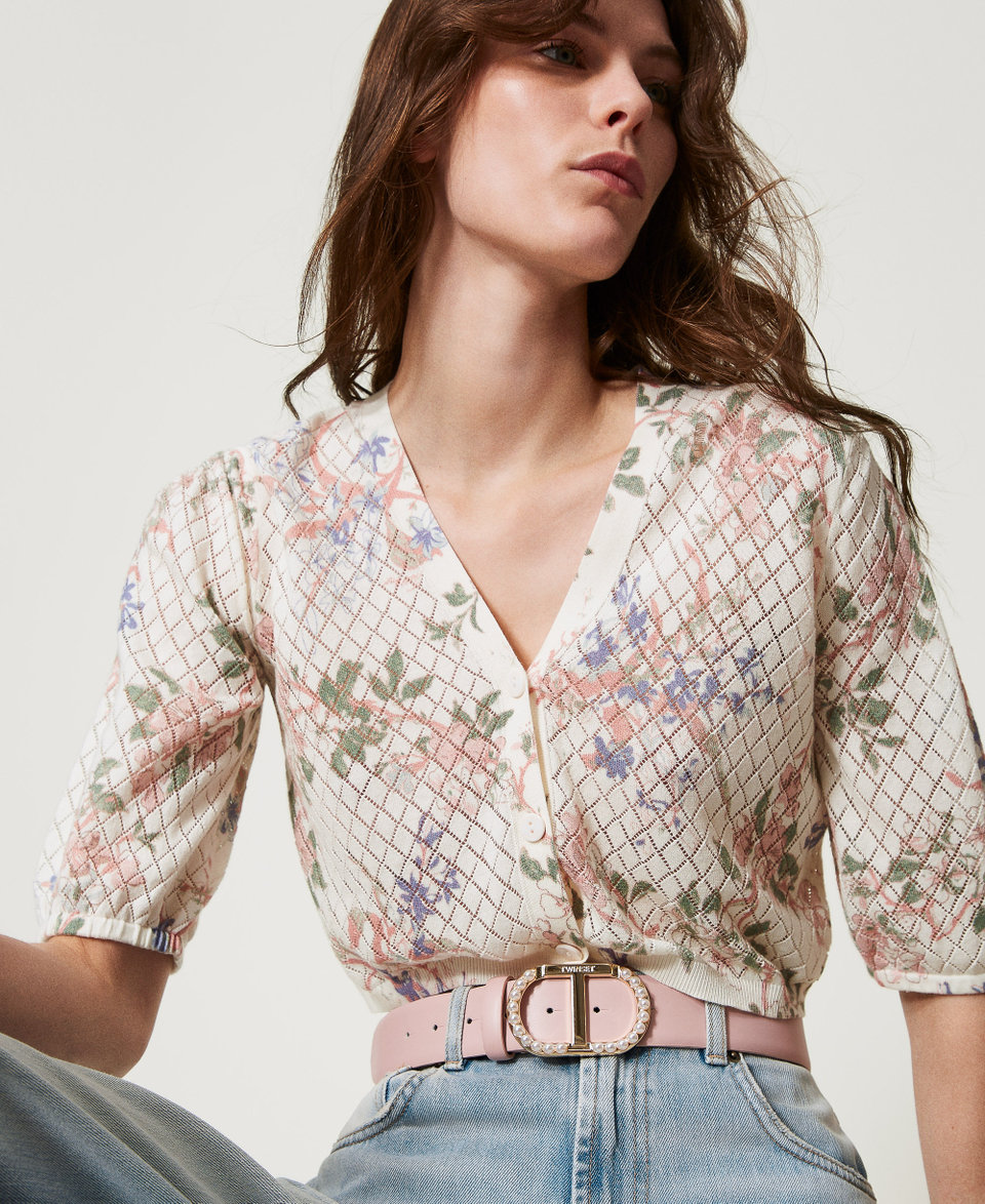 Belt with Oval T buckle with pearls Parisienne Pink Woman 251TA4450_00714_T0