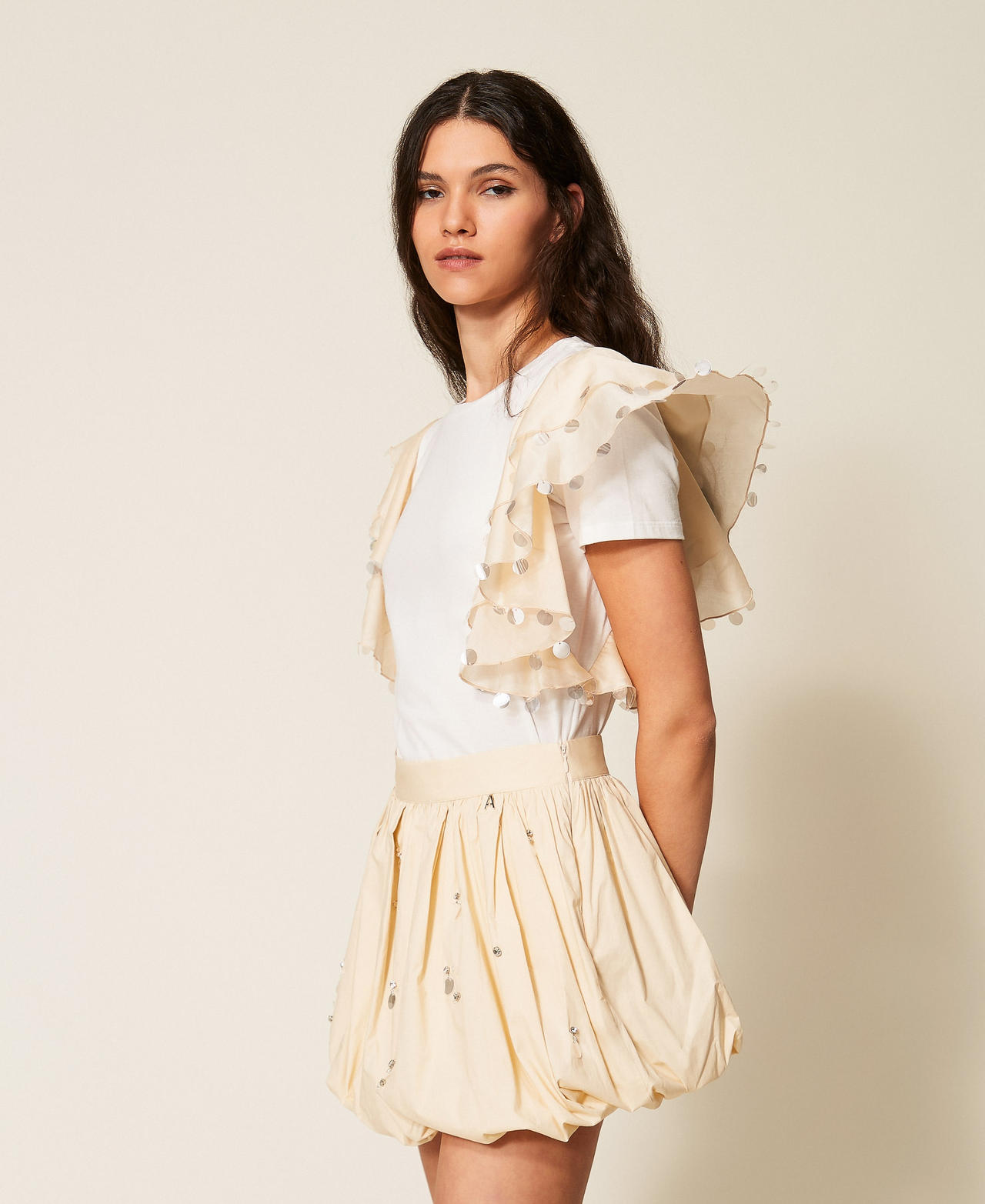 Regular T-shirt with voile sleeves Two-tone Off White/Cashew Beige Woman 261AT2210_13553_02