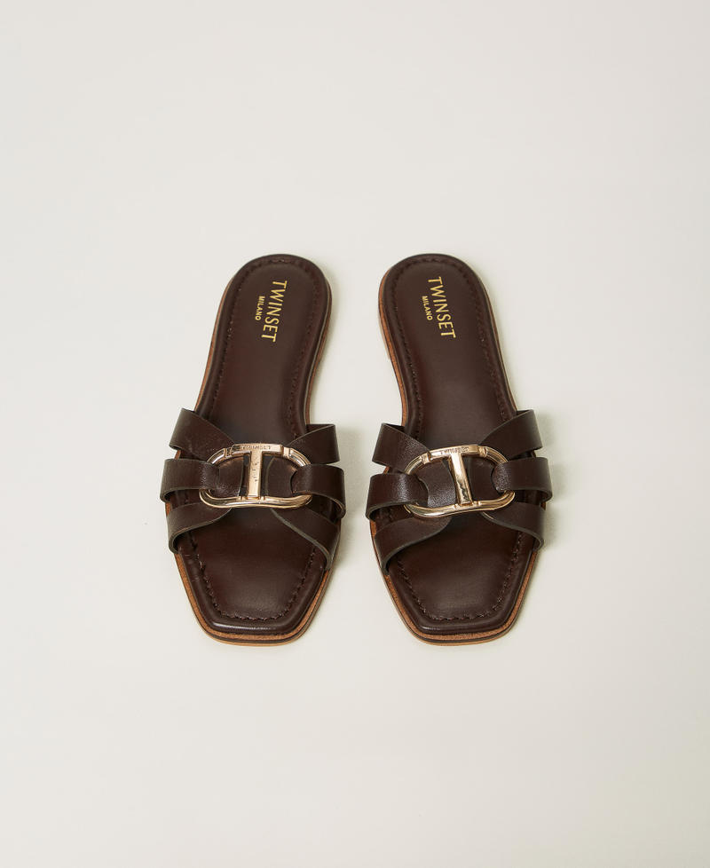 Leather slides with Oval T Chocolate Lab Woman 251TGT090_10780_04