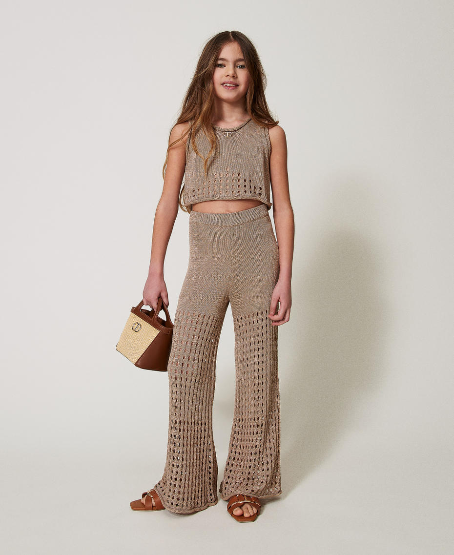 Faux straw shoulder bag with Oval T Two-tone "Straw" Beige / "Leather" Brown Girl 251GJ8012_11617_0T