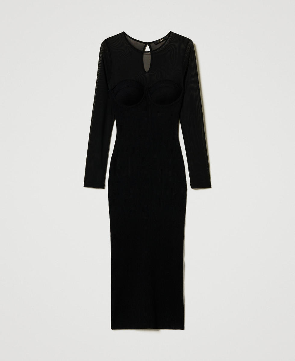 Knit midi dress with tulle Woman, Black | TWINSET Milano