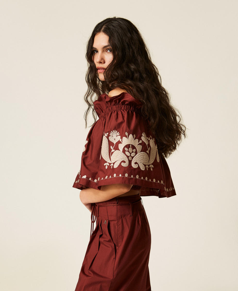 Top off shoulder in popeline con ricamo Marrone "Terra Rossa" Donna 261AT2042_00260_02